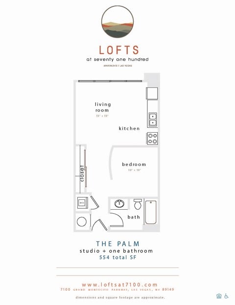 Floor plan for studio, 1 bath, 554 sqft